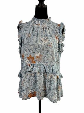 Hayden Los Angeles Light Blue Cottagecore Floral Ruffle Sleeveless Blouse Size L